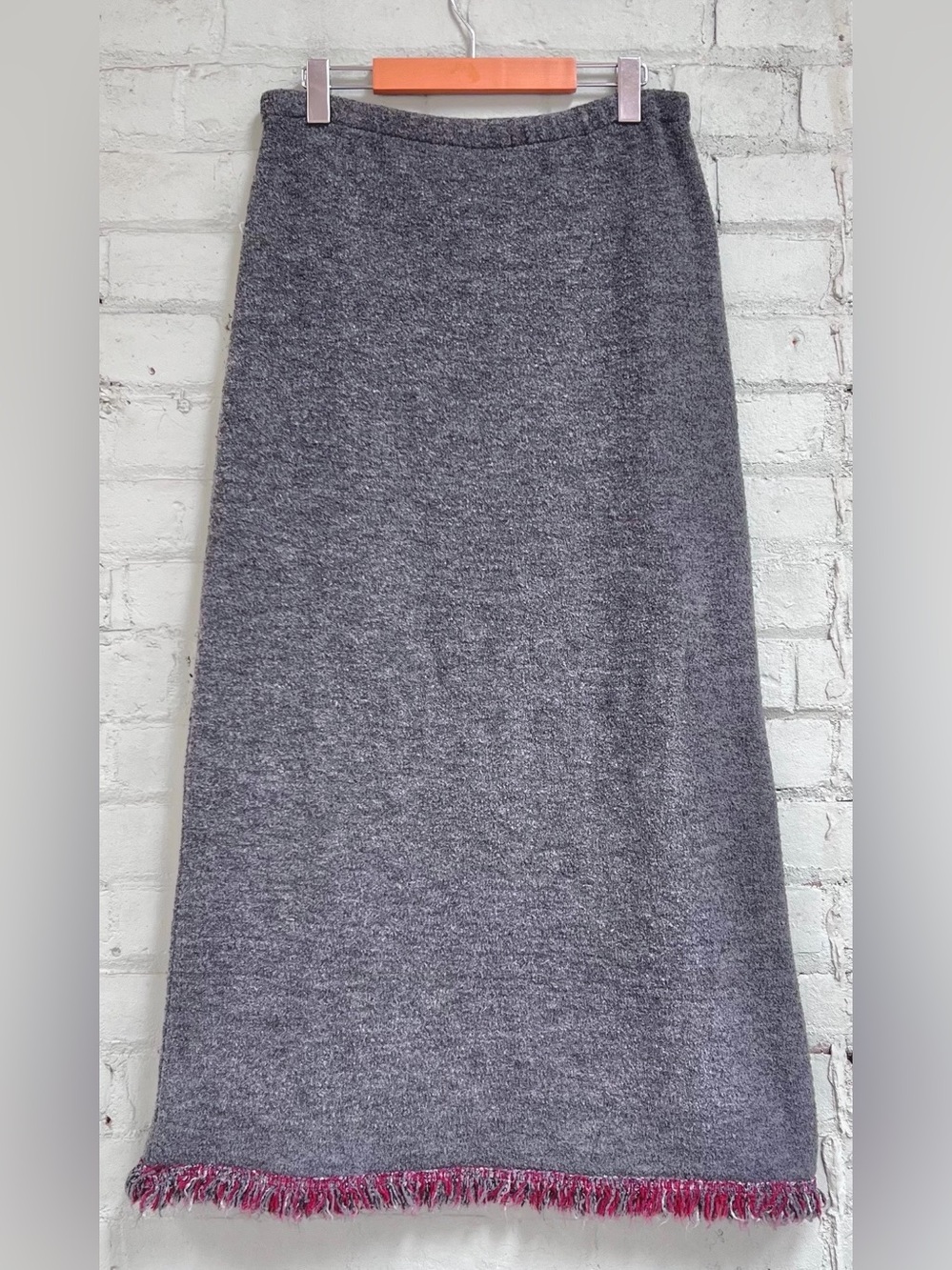 Vintage Gray Knit Maxi Skirt with Red Fringe
